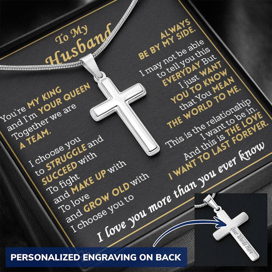 Personalized My King Your Queen Stainless Steel Cross Necklace Engraved Perfect Anniversary Gift for Husband