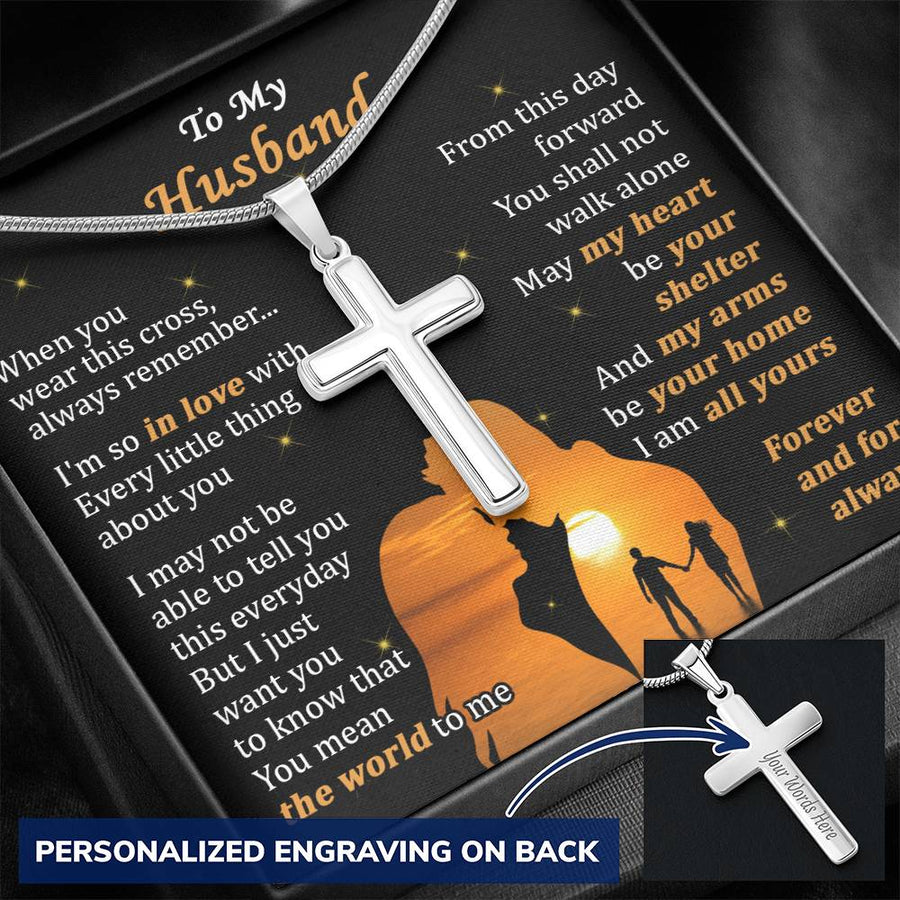 Personalized You Mean The World To Me Stainless Steel Cross Necklace Engraved Perfect Anniversary Gift for Husband