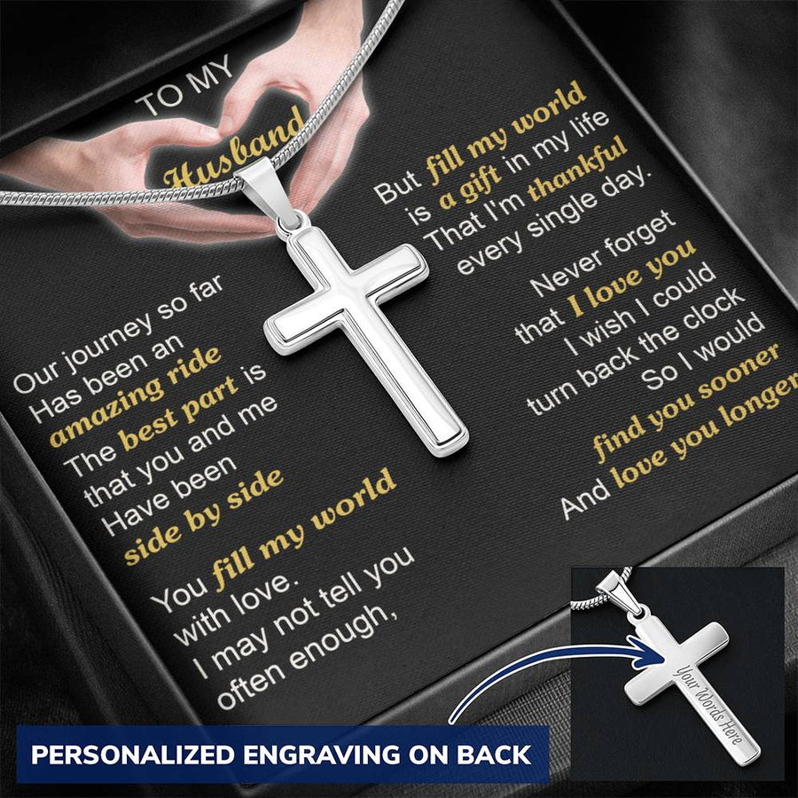 Personalized Fill My World Stainless Steel Cross Necklace Engraved Perfect Anniversary Gift for Husband