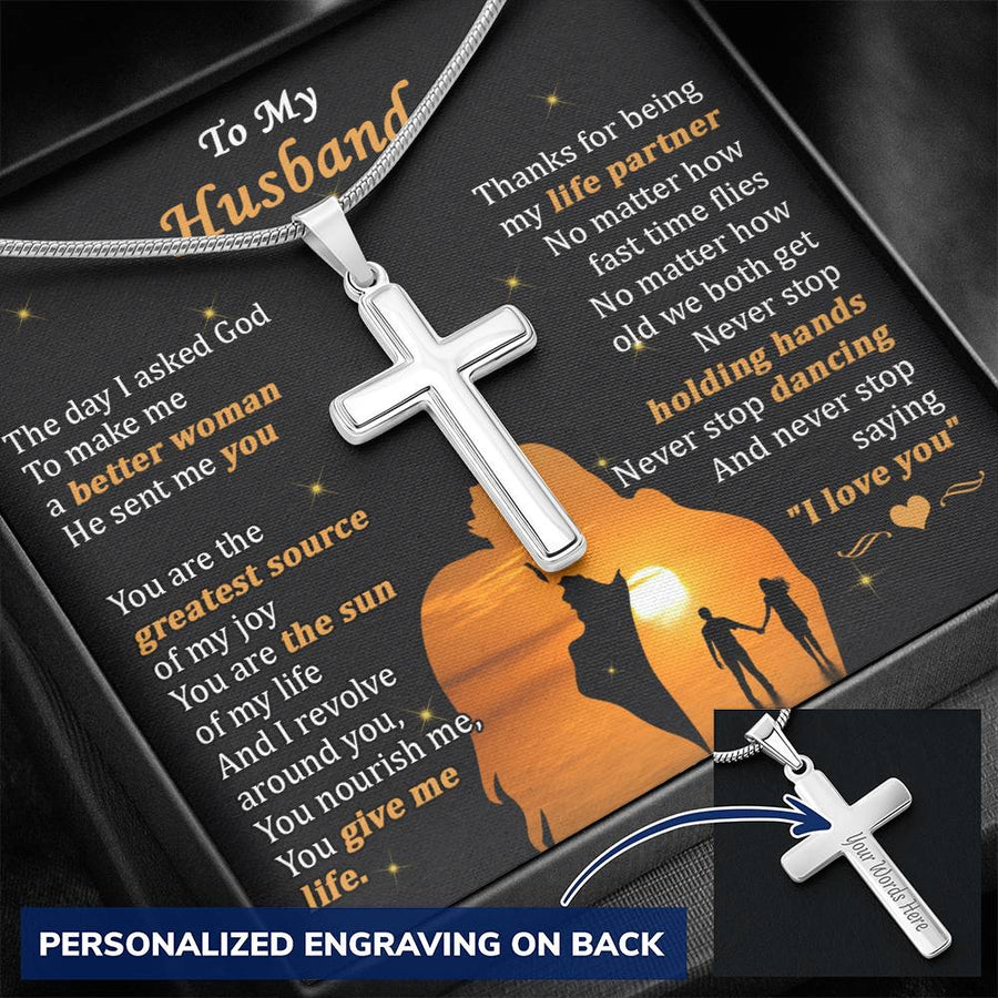 Personalized Never Stop Saying I Love You Stainless Steel Cross Necklace Engraved Perfect Anniversary Gift for Husband