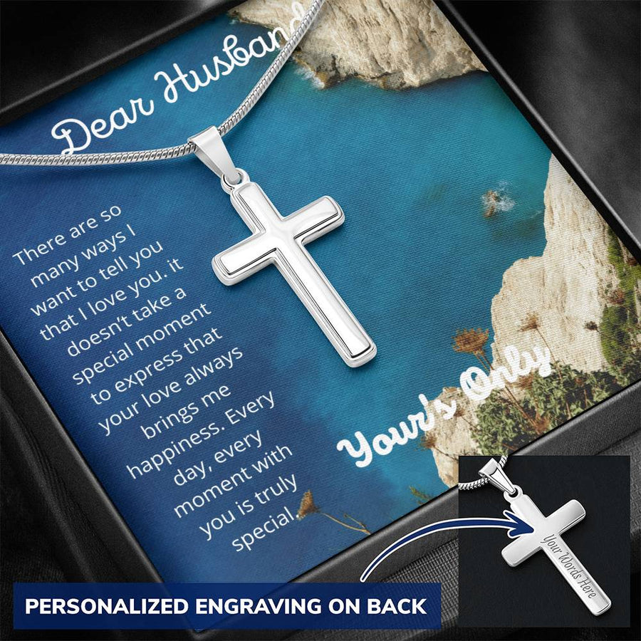 Personalized Your Love Always Brings Me Happiness Stainless Steel Cross Necklace Engraved Perfect Anniversary Gift for Husband