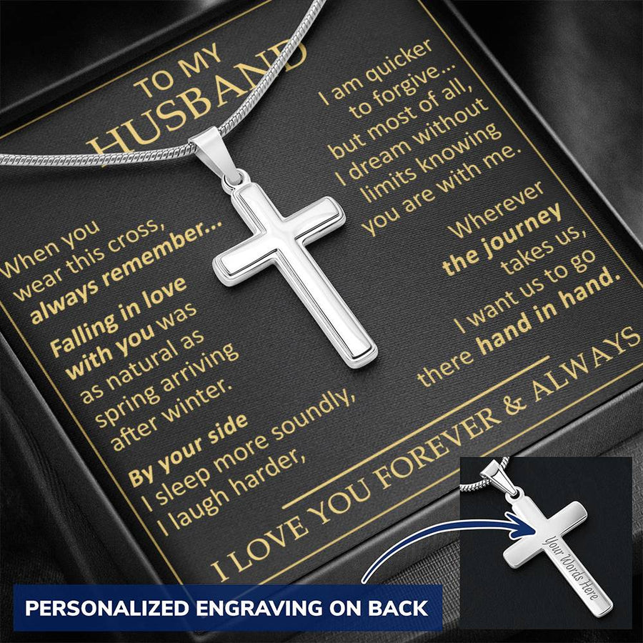 Personalized By Your Side I Sleep More Soundly and Laugh Harder Stainless Steel Cross Necklace Engraved Perfect Anniversary Gift for Husband