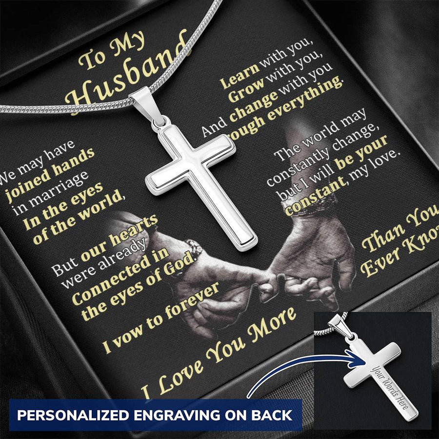 Personalized Connected in God's Eyes Stainless Steel Cross Necklace Engraved Perfect Anniversary Gift for Husband