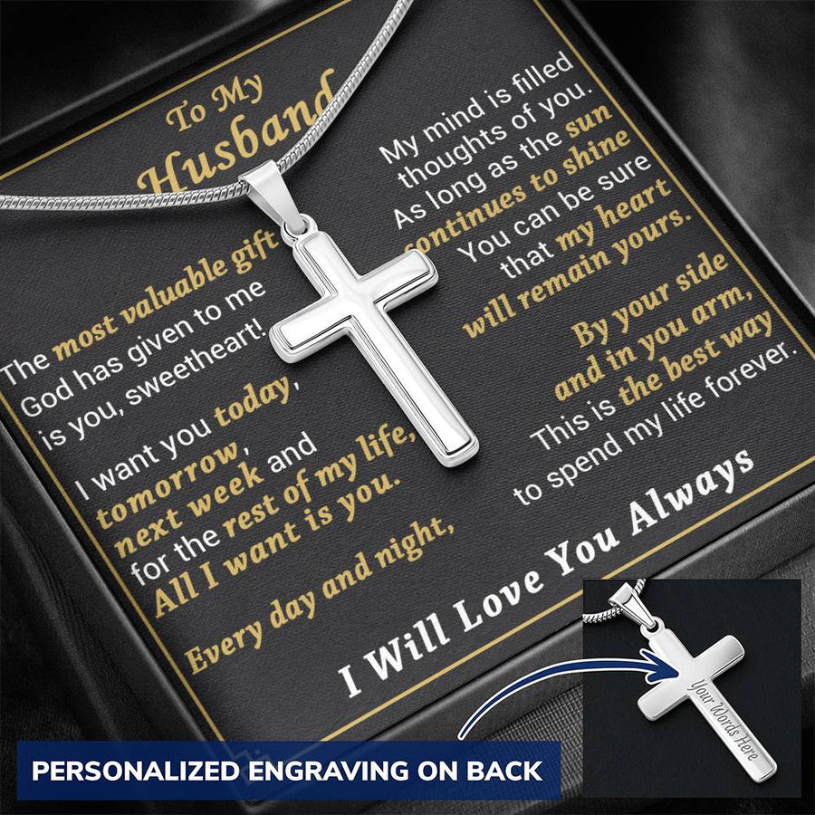 Personalized All I Want Is You Every Day and Night Stainless Steel Cross Necklace Engraved Perfect Anniversary Gift for Husband