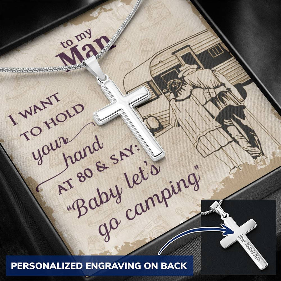 Personalized I Want to Hold Your Hand at 80 Stainless Steel Cross Necklace Engraved Perfect Anniversary Gift for Him