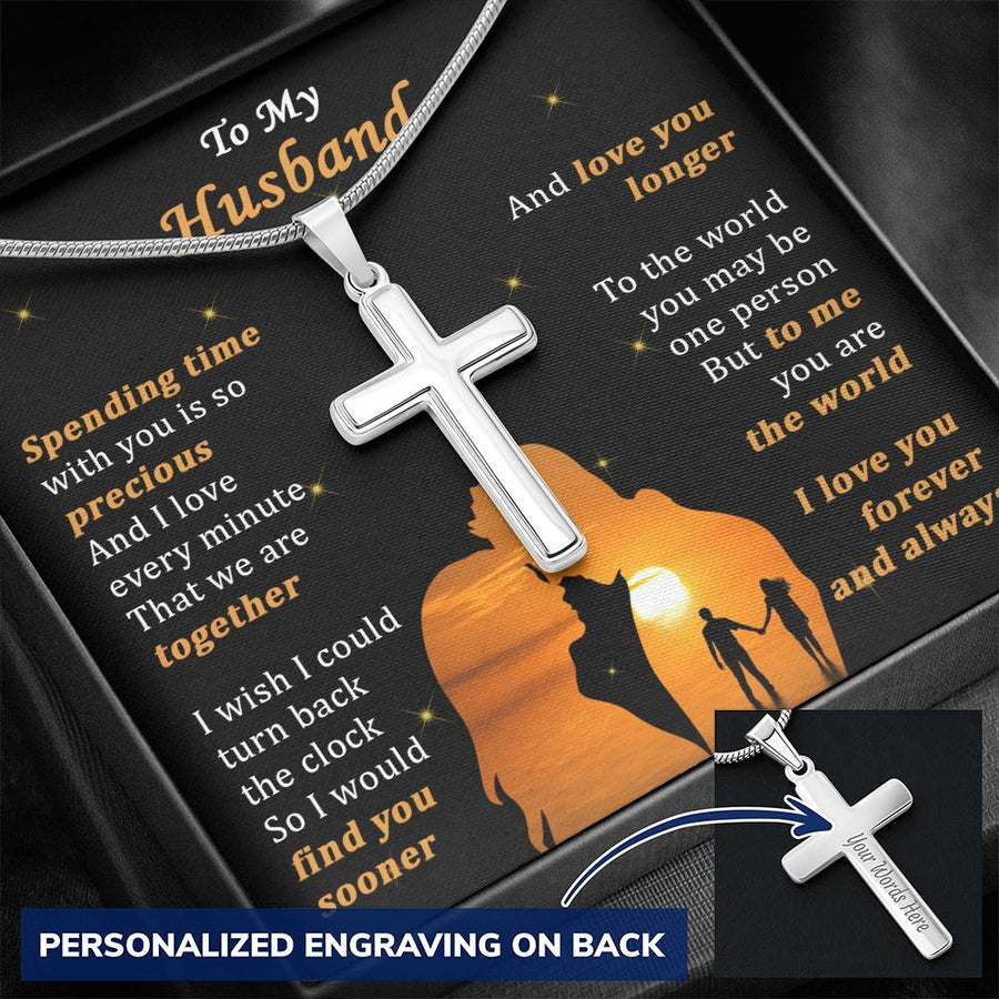 ersonalized Spending Time With You Is So Precious and I Love Every Minute Stainless Steel Cross Necklace Engraved Perfect Anniversary Gift for Husband