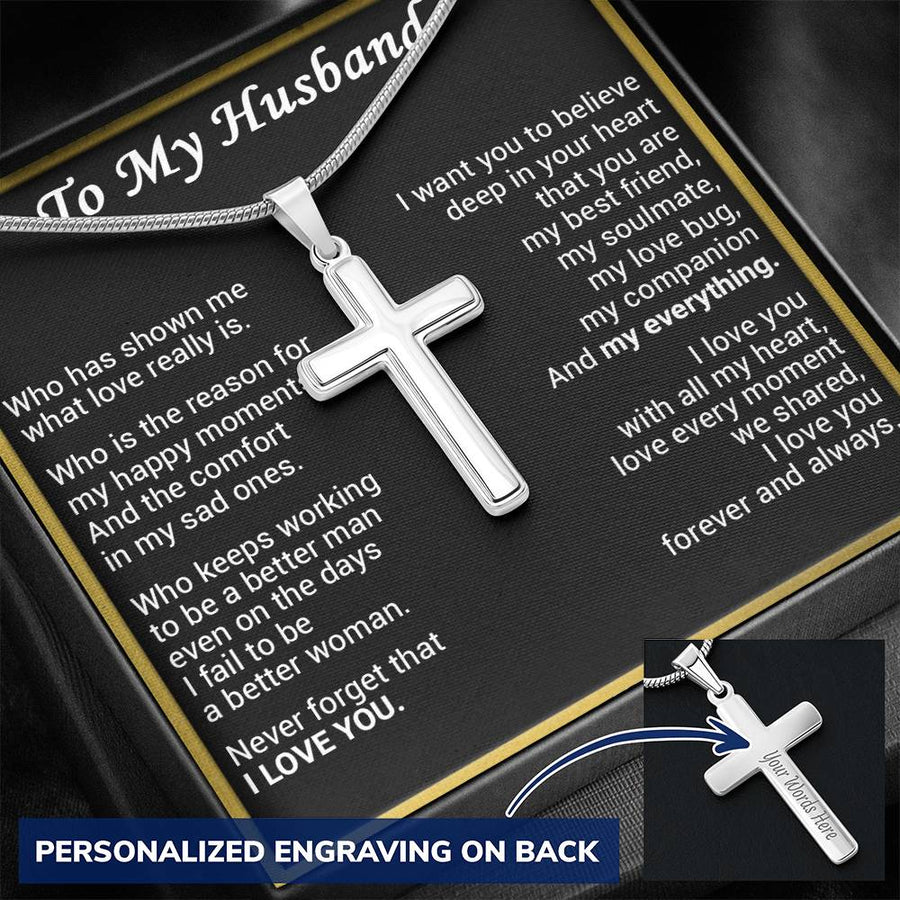 Personalized Who Is the Reason for My Happy Moments Stainless Steel Cross Necklace Engraved Perfect Anniversary Gift for Husband
