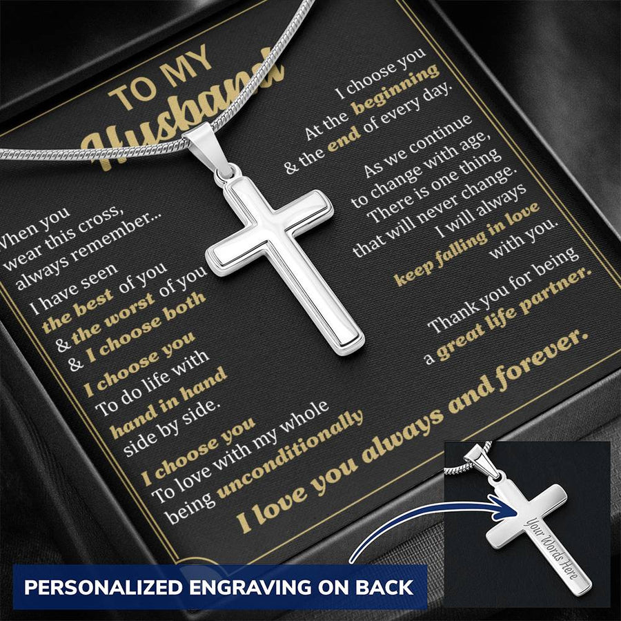 Personalized Keep Falling in Love Stainless Steel Cross Necklace Engraved Perfect Anniversary Gift for Husband