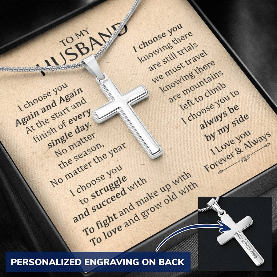Personalized Again and Again Stainless Steel Cross Necklace Engraved Perfect Anniversary Gift for Husband