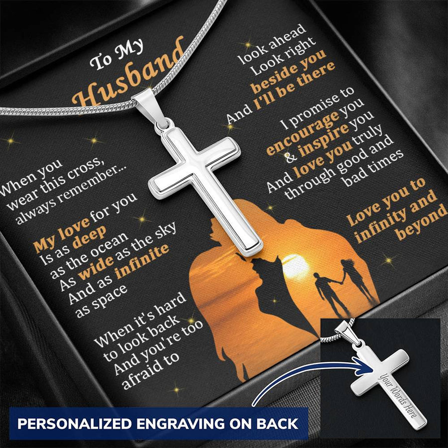 Personalized Deep as Ocean Stainless Steel Cross Necklace Engraved Perfect Anniversary Gift for Husband