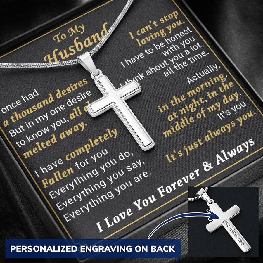 Personalized I Think About You a Lot All the Time Stainless Steel Cross Necklace Engraved Perfect Anniversary Gift for Husband