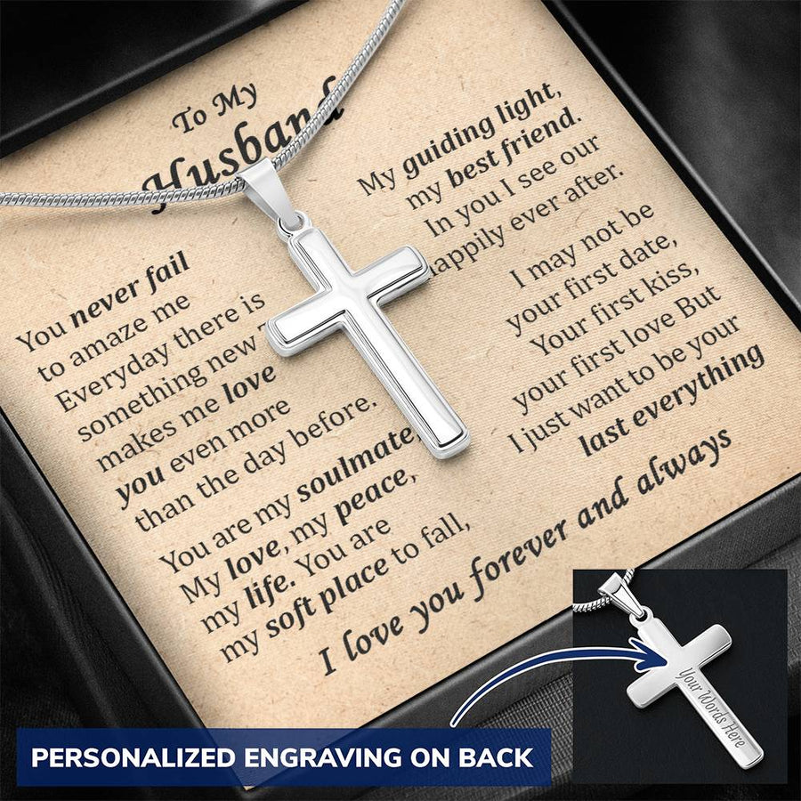Personalized My Guiding Light Stainless Steel Cross Necklace Engraved Beautiful Anniversary Gift for Husband