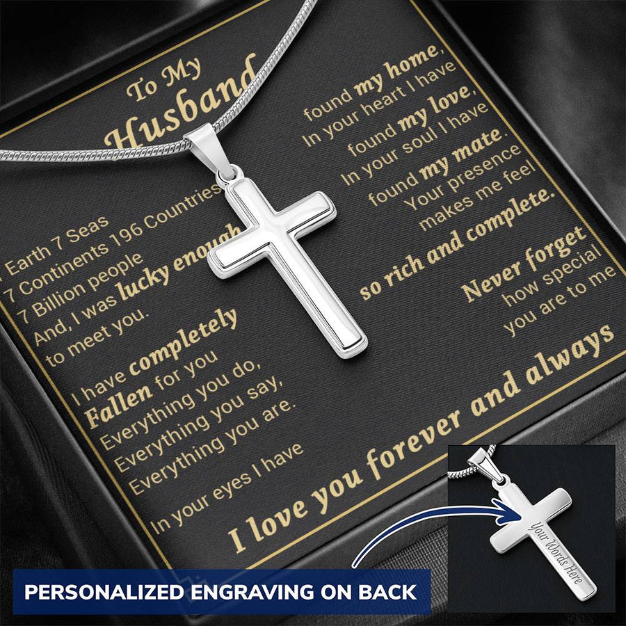 Personalized Lucky Enough to Meet You Stainless Steel Cross Necklace Engraved Perfect Anniversary Gift for Husband