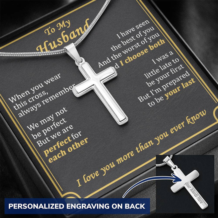 Personalized We May Not Be Perfect But We Are Perfect for Each Other Stainless Steel Cross Necklace Engraved Perfect Anniversary Gift for Husband