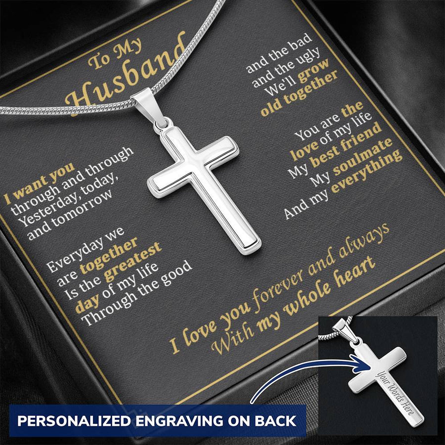 Personalized I Want You Grow Old Together Stainless Steel Cross Necklace Engraved Perfect Anniversary Gift for Husband