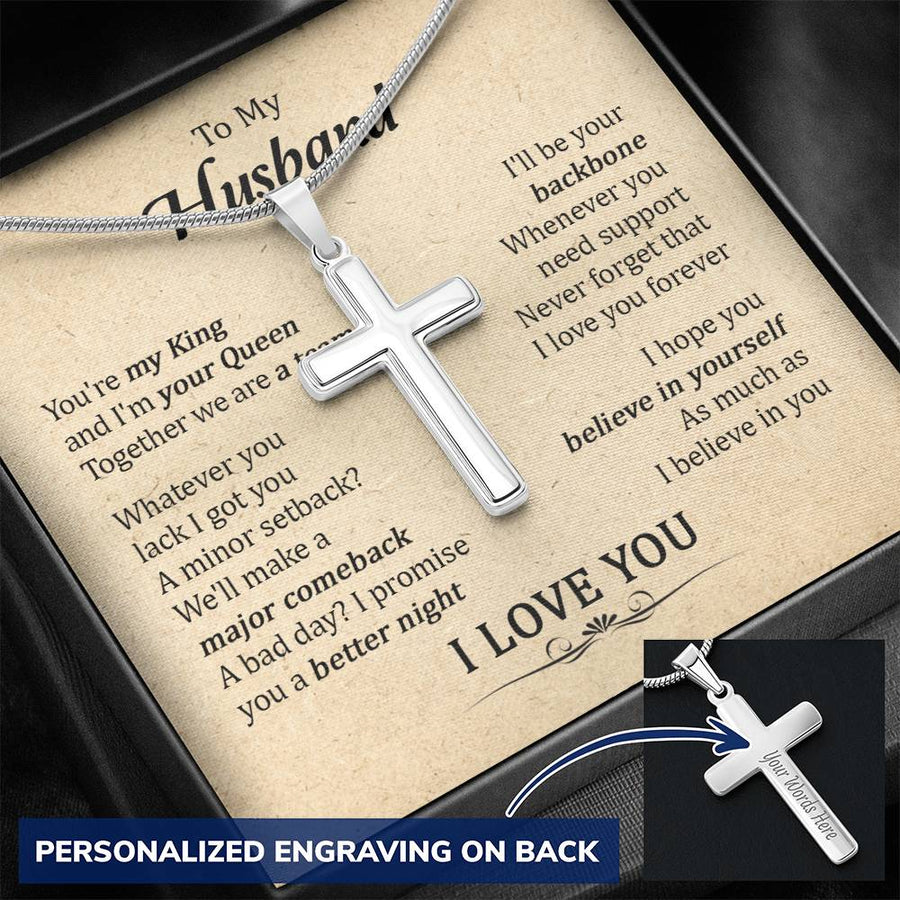 Personalized Believe in Yourself Stainless Steel Cross Necklace Engraved Perfect Anniversary Gift for Husband