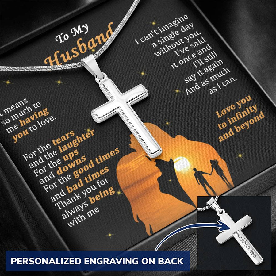 Personalized Infinity and Beyond Stainless Steel Cross Necklace Engraved Perfect Anniversary Gift for Husband