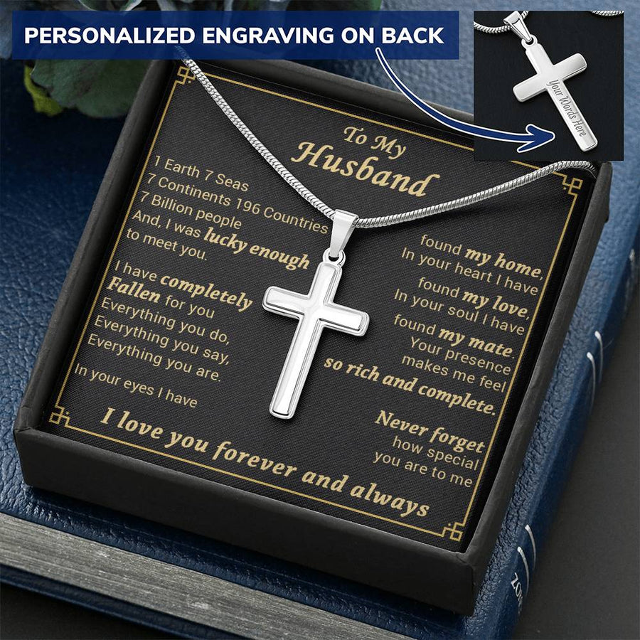 Personalized Lucky Enough to Meet You Stainless Steel Cross Necklace Engraved Perfect Anniversary Gift for Husband