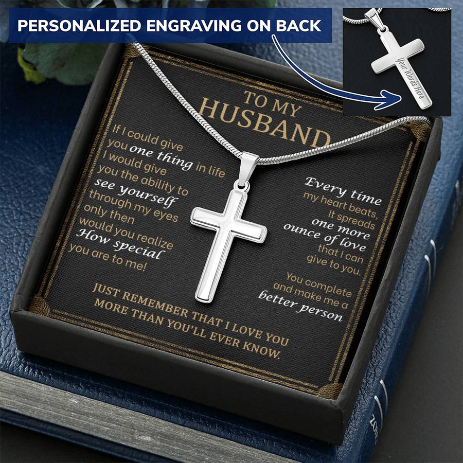 Personalized Every Time My Heart Beats Stainless Steel Cross Necklace Engraved Perfect Anniversary Gift for Husband