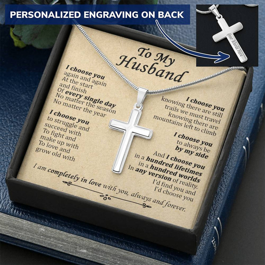 Personalized I Choose You to Love and Grow Old With Stainless Steel Cross Necklace Engraved Perfect Anniversary Gift for Husband