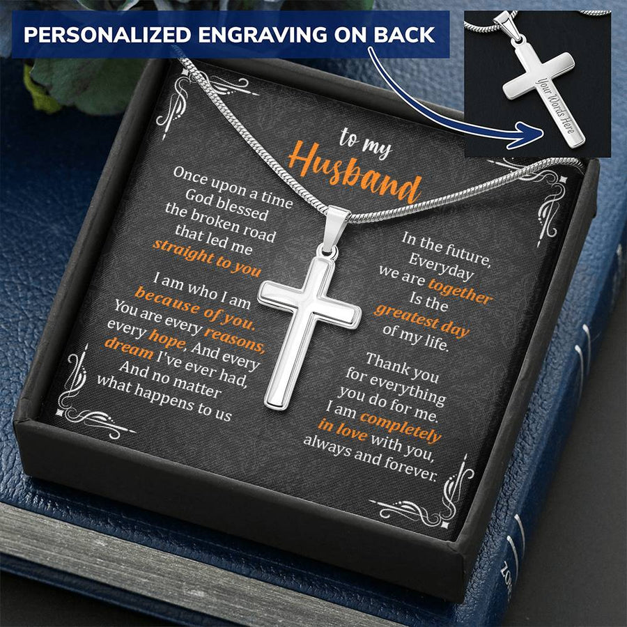 Personalized Because of You Stainless Steel Cross Necklace Engraved Perfect Anniversary Gift for Husband