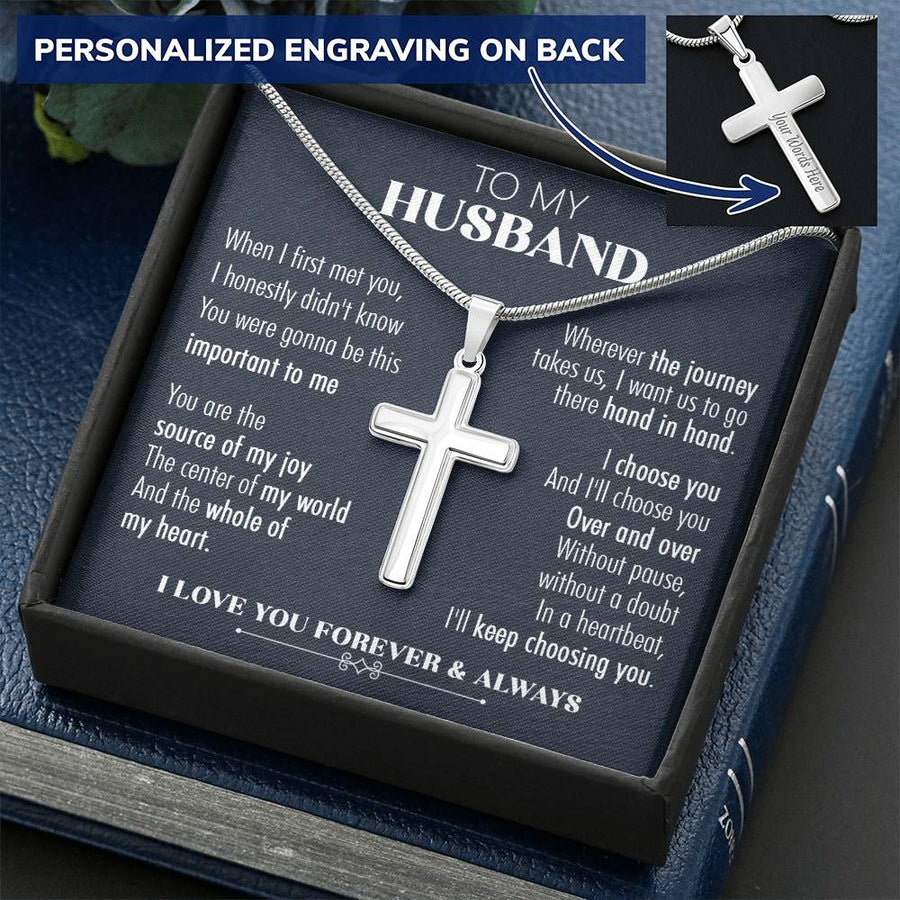 Personalized Center of My World Stainless Steel Cross Necklace Engraved Perfect Anniversary Gift for Husband