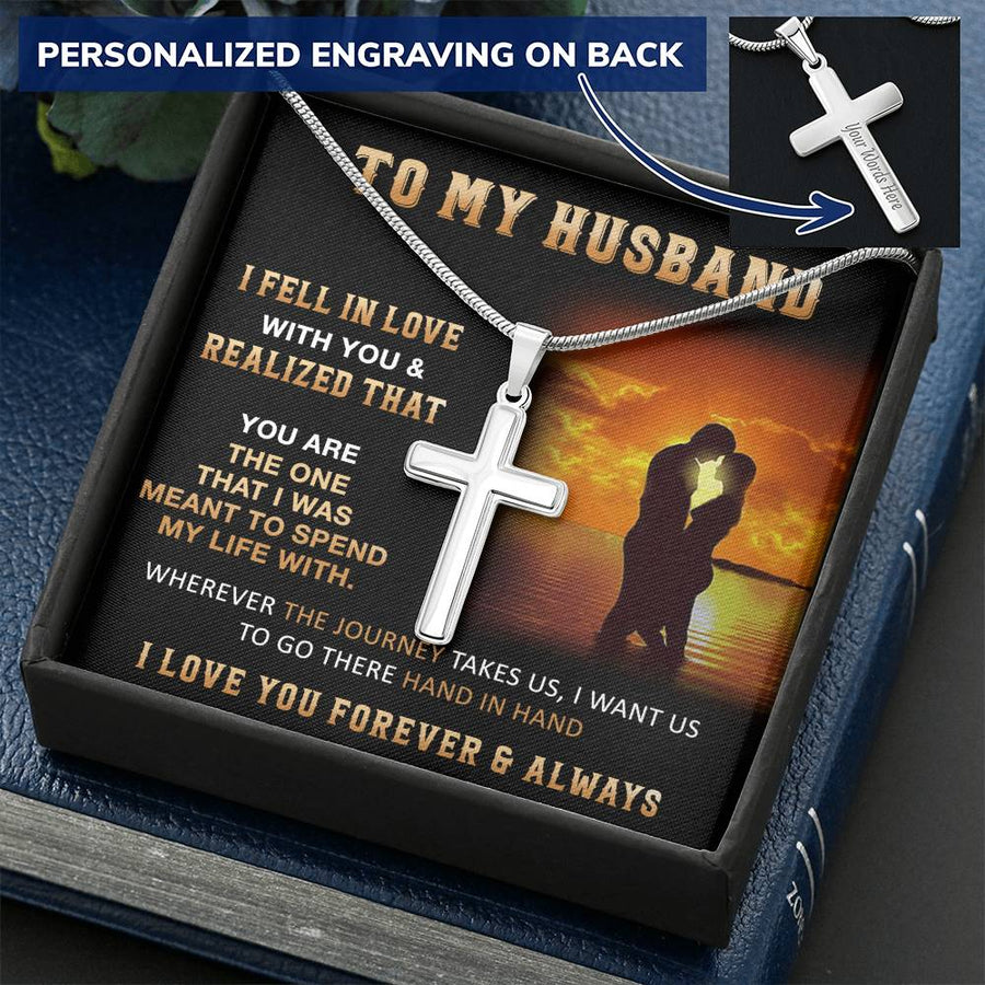 Personalized Wherever the Journey Takes Us I Want Us to Go There Stainless Steel Cross Necklace Engraved Perfect Anniversary Gift for Husband