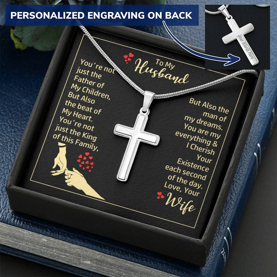 Personalized You Are Not Just the Father of My Children But Also the Beat of My Heart Stainless Steel Cross Necklace Engraved Perfect Anniversary Gift for Husband