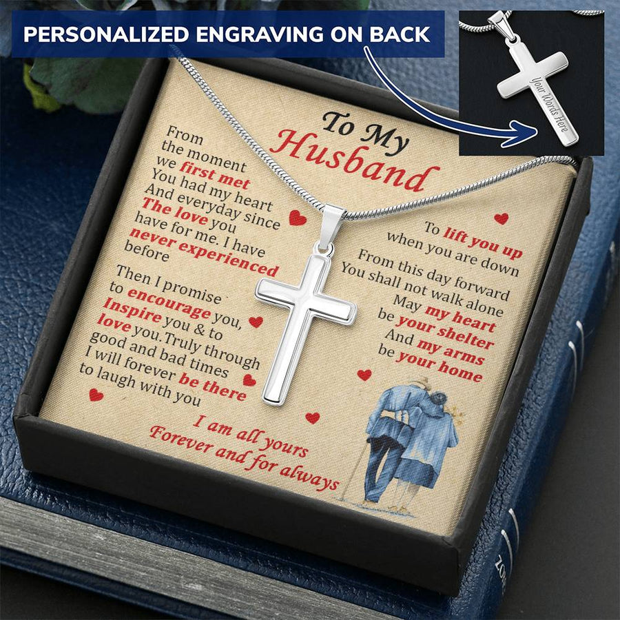 Personalized My Heart Your Shelter Stainless Steel Cross Necklace Engraved Perfect Anniversary Gift for Husband