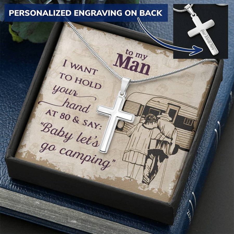 Personalized I Want to Hold Your Hand at 80 Stainless Steel Cross Necklace Engraved Perfect Anniversary Gift for Him