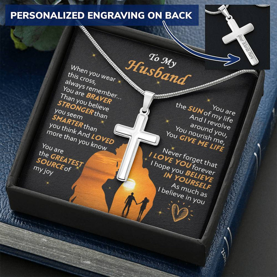 Personalized Braver Stronger Smarter Stainless Steel Cross Necklace Engraved Perfect Anniversary Gift for Husband
