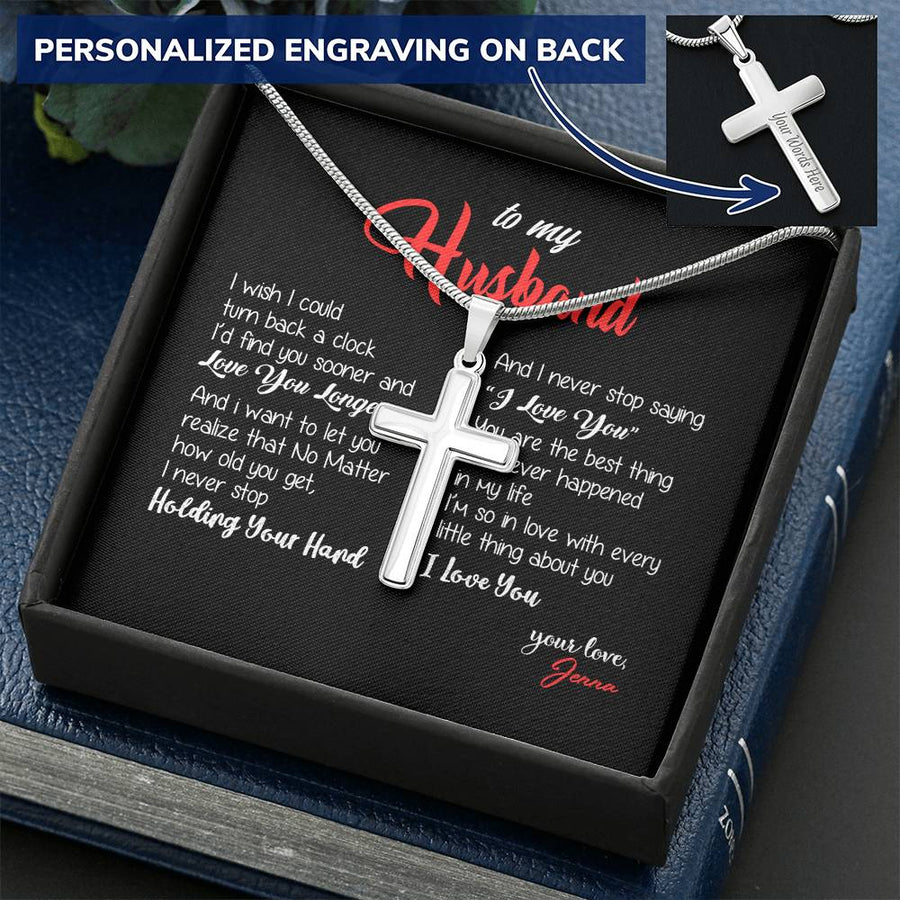 Personalized No Matter How Old You Get I Never Stop Stainless Steel Cross Necklace Engraved Perfect Anniversary Gift for Husband