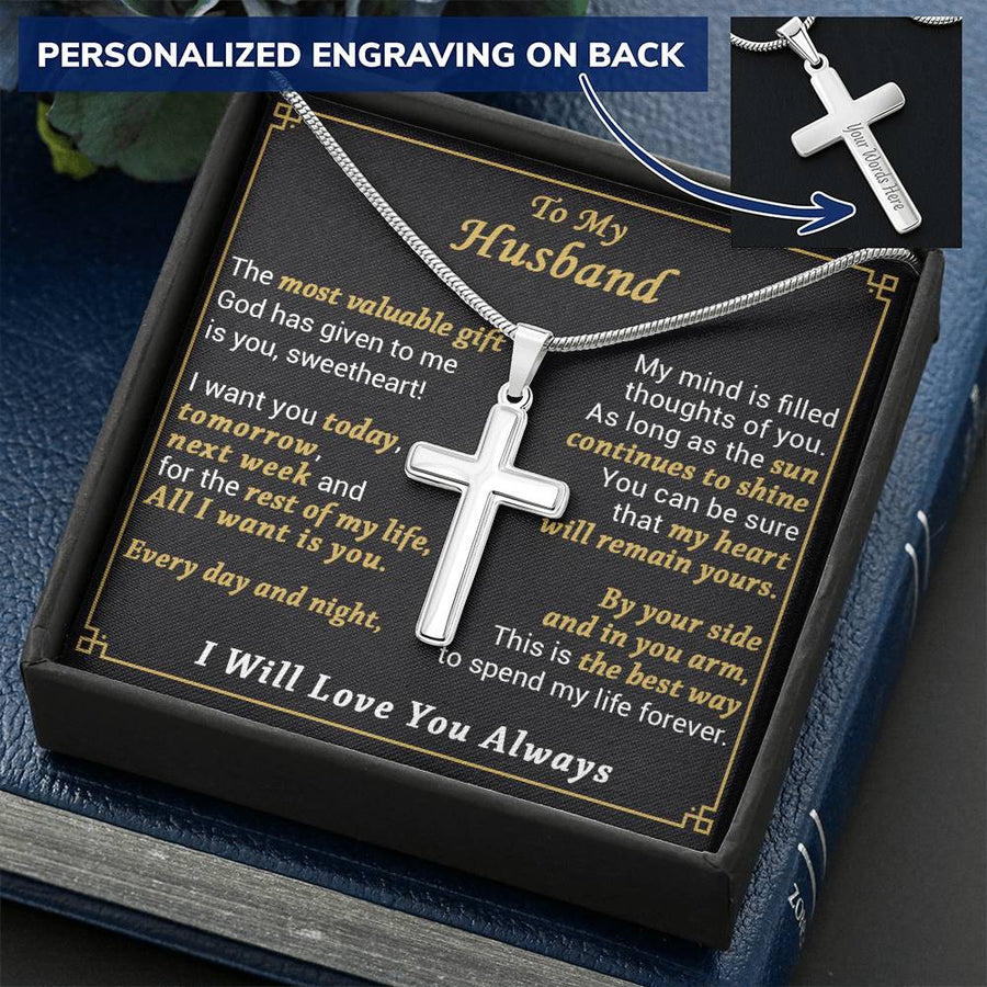 Personalized All I Want Is You Every Day and Night Stainless Steel Cross Necklace Engraved Perfect Anniversary Gift for Husband