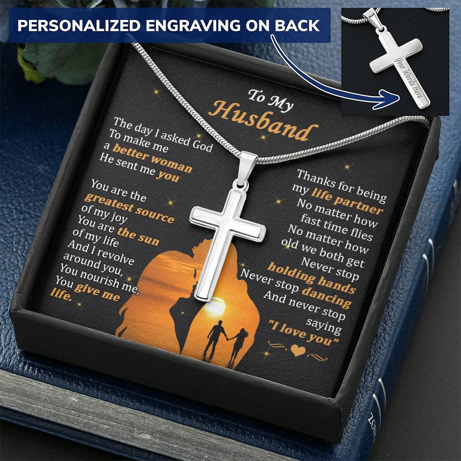 Personalized Never Stop Saying I Love You Stainless Steel Cross Necklace Engraved Perfect Anniversary Gift for Husband
