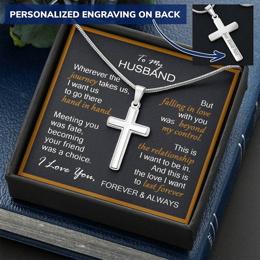 Personalized Wherever the Journey Takes Us Hand in Hand Stainless Steel Cross Necklace Engraved Perfect Anniversary Gift for Husband