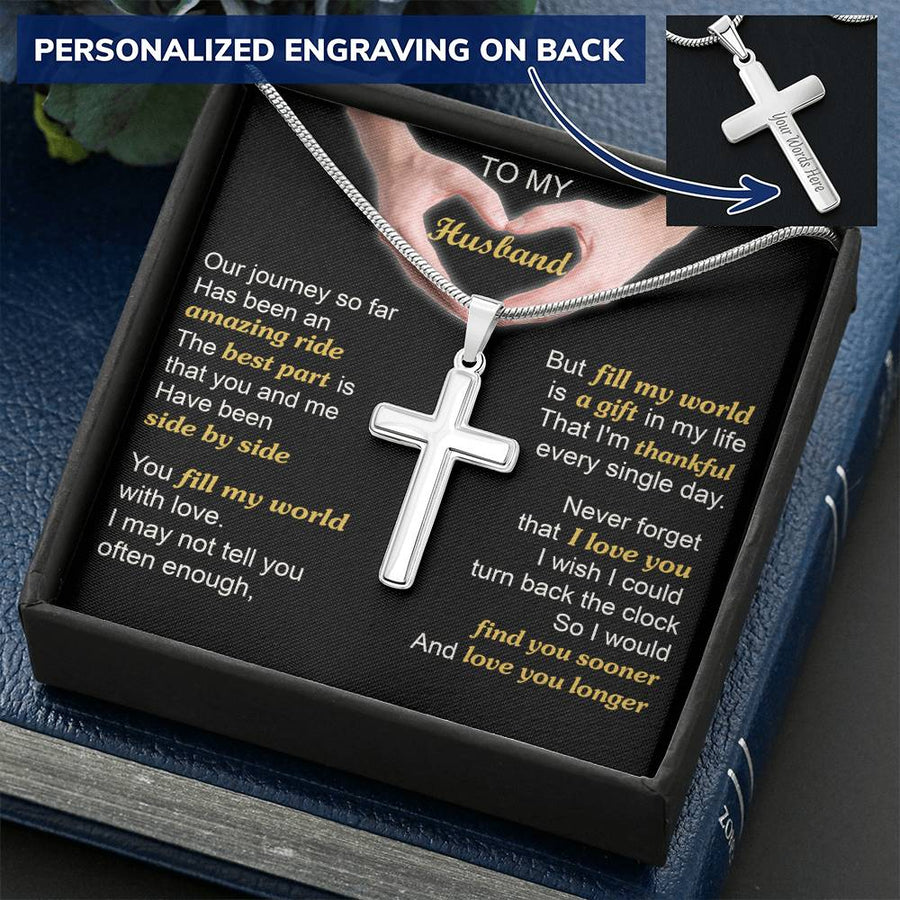 Personalized Fill My World Stainless Steel Cross Necklace Engraved Perfect Anniversary Gift for Husband
