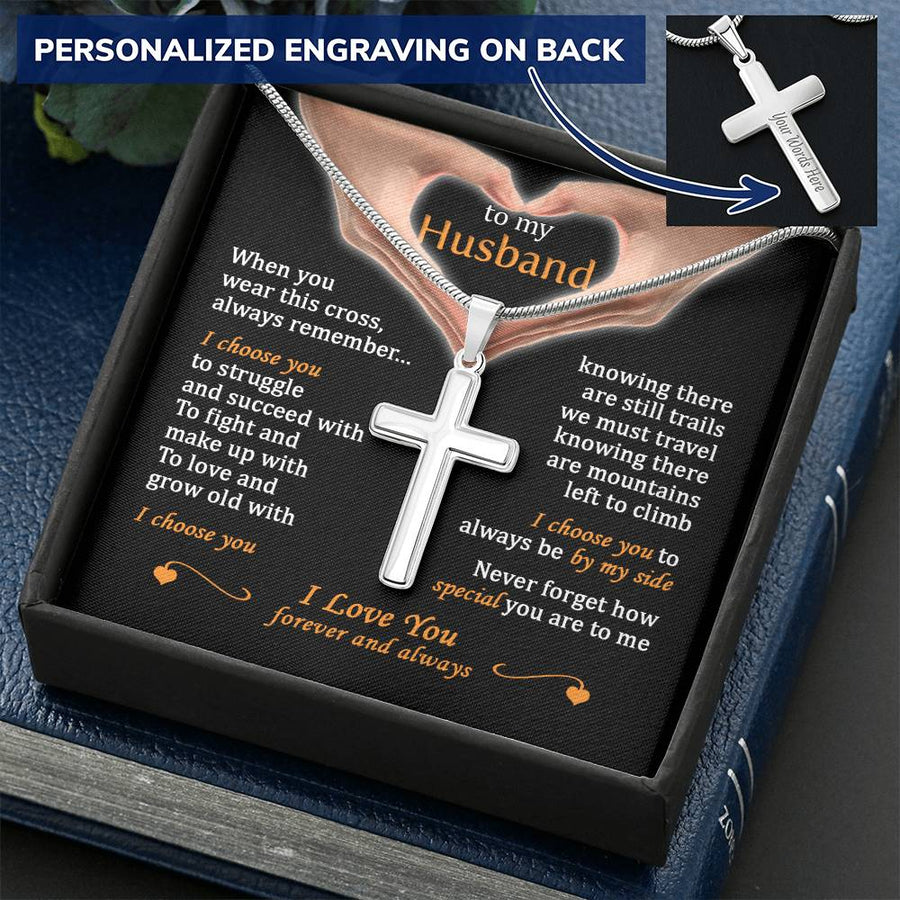 Personalized I Choose You By My Side Stainless Steel Cross Necklace Engraved Perfect Anniversary Gift for Husband