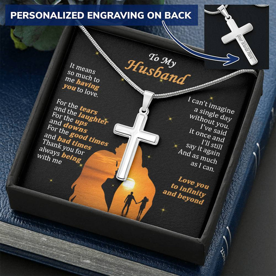 Personalized Infinity and Beyond Stainless Steel Cross Necklace Engraved Perfect Anniversary Gift for Husband