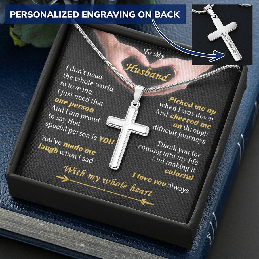 Personalized My One Person Made Me Laugh Stainless Steel Cross Necklace Engraved Perfect Anniversary Gift for Husband
