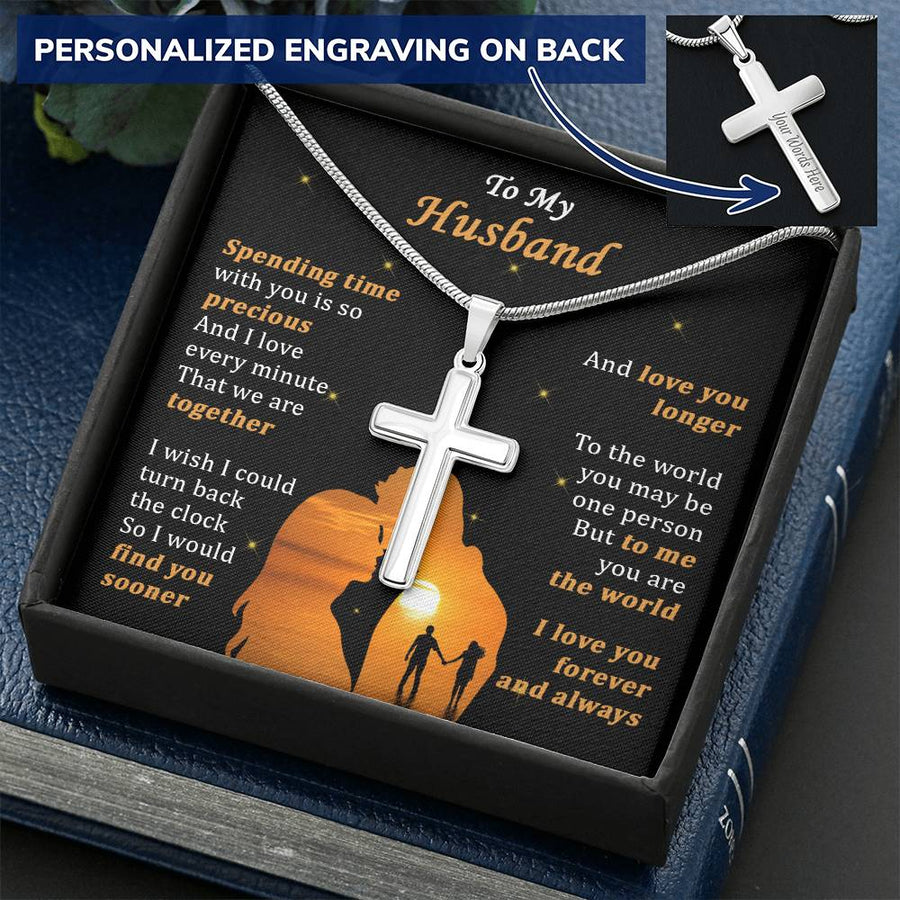 ersonalized Spending Time With You Is So Precious and I Love Every Minute Stainless Steel Cross Necklace Engraved Perfect Anniversary Gift for Husband