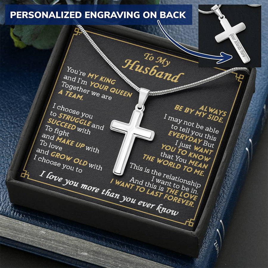 Personalized My King Your Queen Stainless Steel Cross Necklace Engraved Perfect Anniversary Gift for Husband