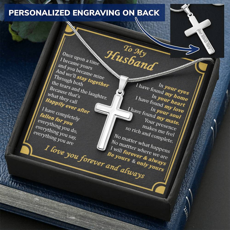 Personalized Happily Ever After Stainless Steel Cross Necklace Engraved Perfect Anniversary Gift for Husband
