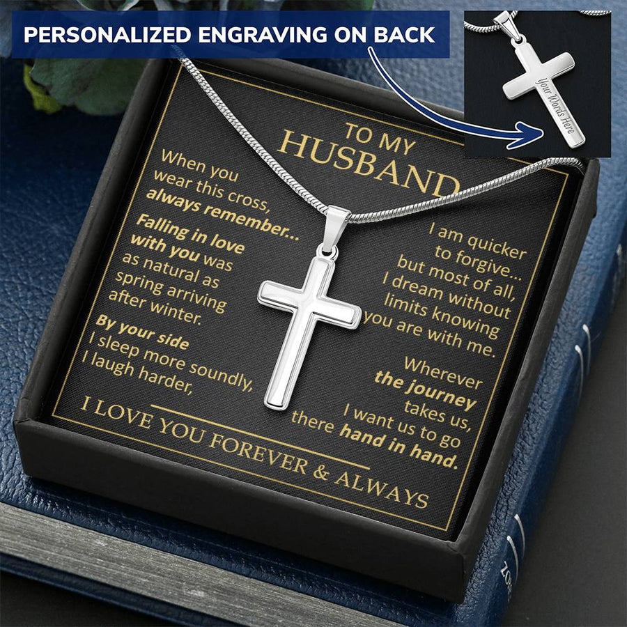 Personalized By Your Side I Sleep More Soundly and Laugh Harder Stainless Steel Cross Necklace Engraved Perfect Anniversary Gift for Husband