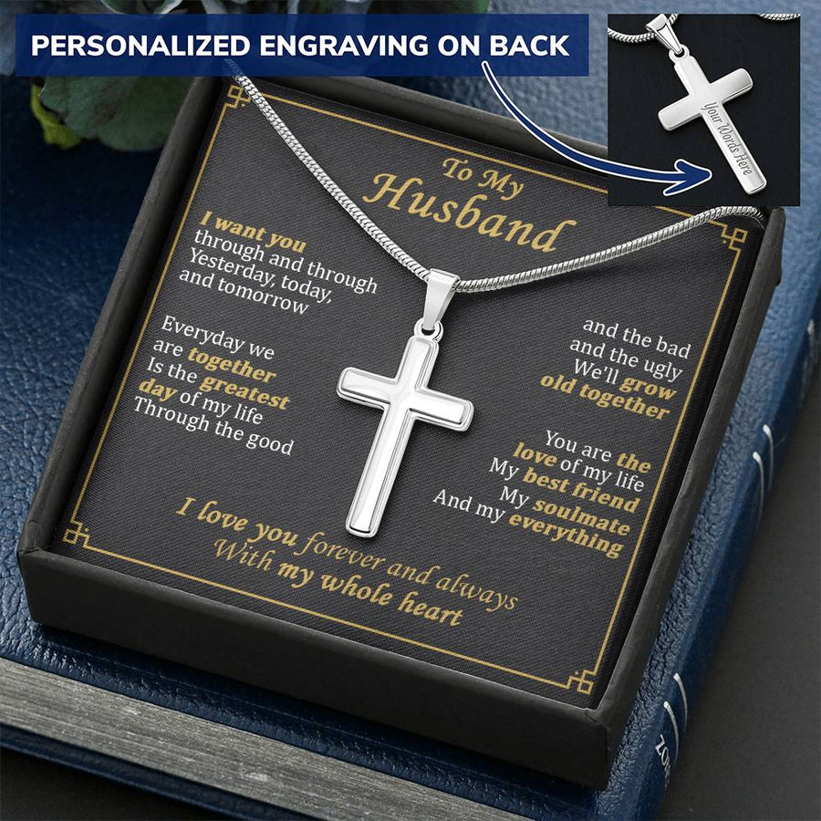 Personalized I Want You Grow Old Together Stainless Steel Cross Necklace Engraved Perfect Anniversary Gift for Husband