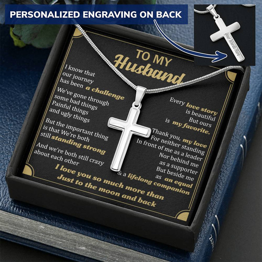 Personalized Standing Strong Lifelong Companion Stainless Steel Cross Necklace Engraved Perfect Anniversary Gift for Husband