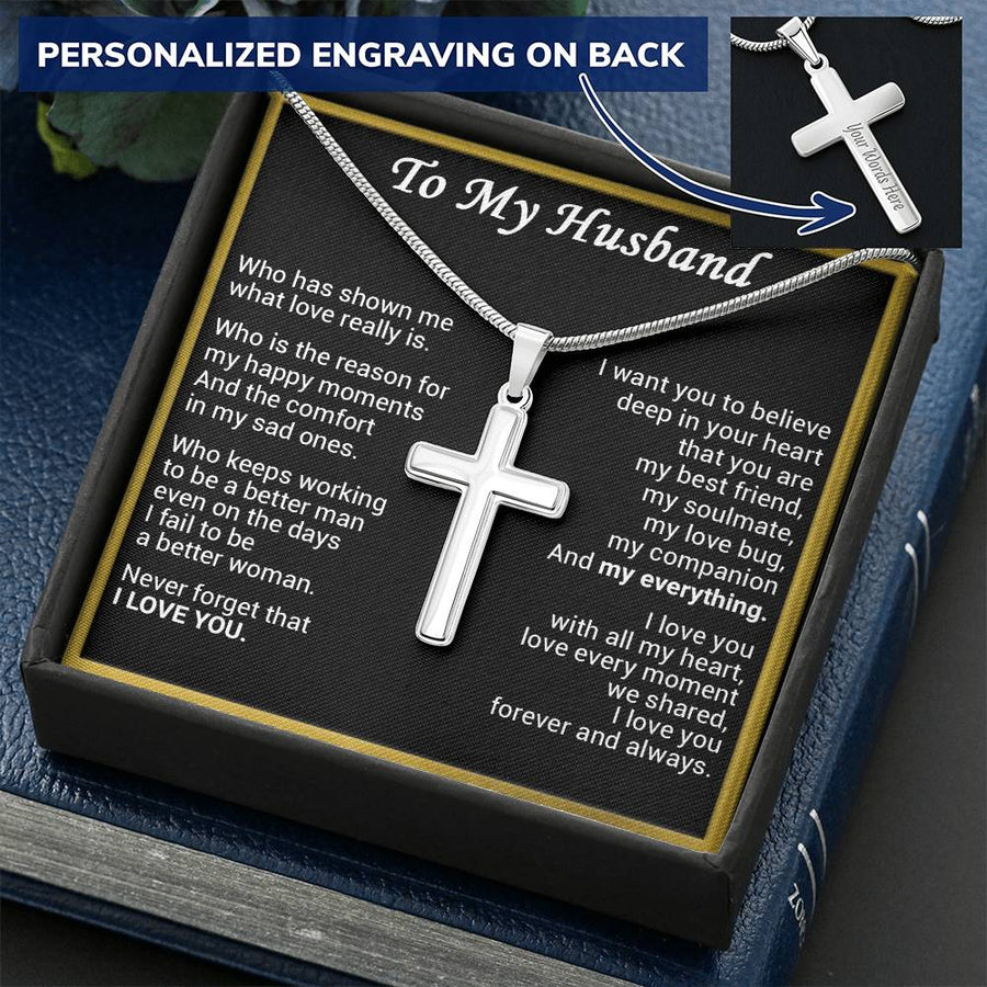 Personalized Who Is the Reason for My Happy Moments Stainless Steel Cross Necklace Engraved Perfect Anniversary Gift for Husband
