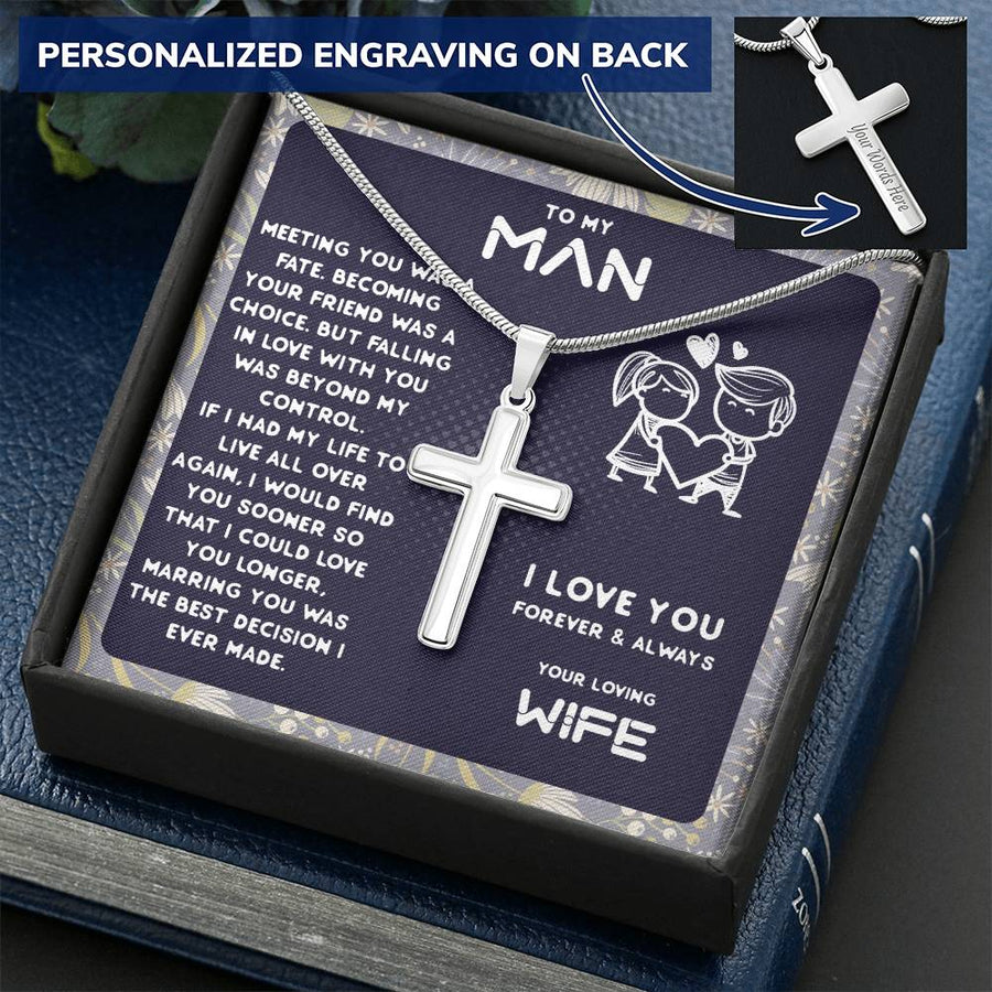 Personalized Marrying You Was the Best Decision I Ever Made Stainless Steel Cross Necklace Engraved Perfect Anniversary Gift for Husband