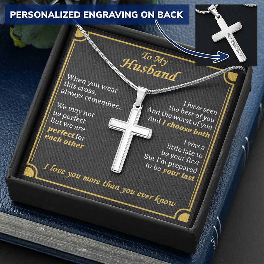 Personalized We May Not Be Perfect But We Are Perfect for Each Other Stainless Steel Cross Necklace Engraved Perfect Anniversary Gift for Husband