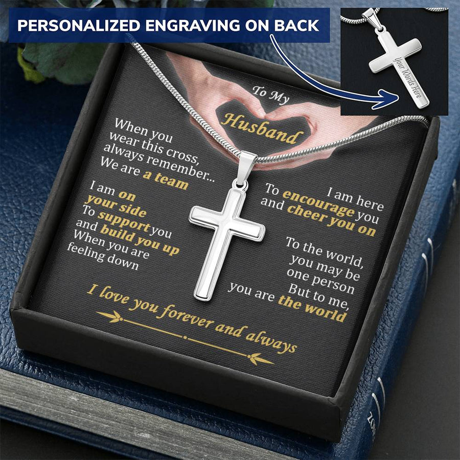 Personalized We Are A Team Build You Up Stainless Steel Cross Necklace Engraved Perfect Anniversary Gift for Husband
