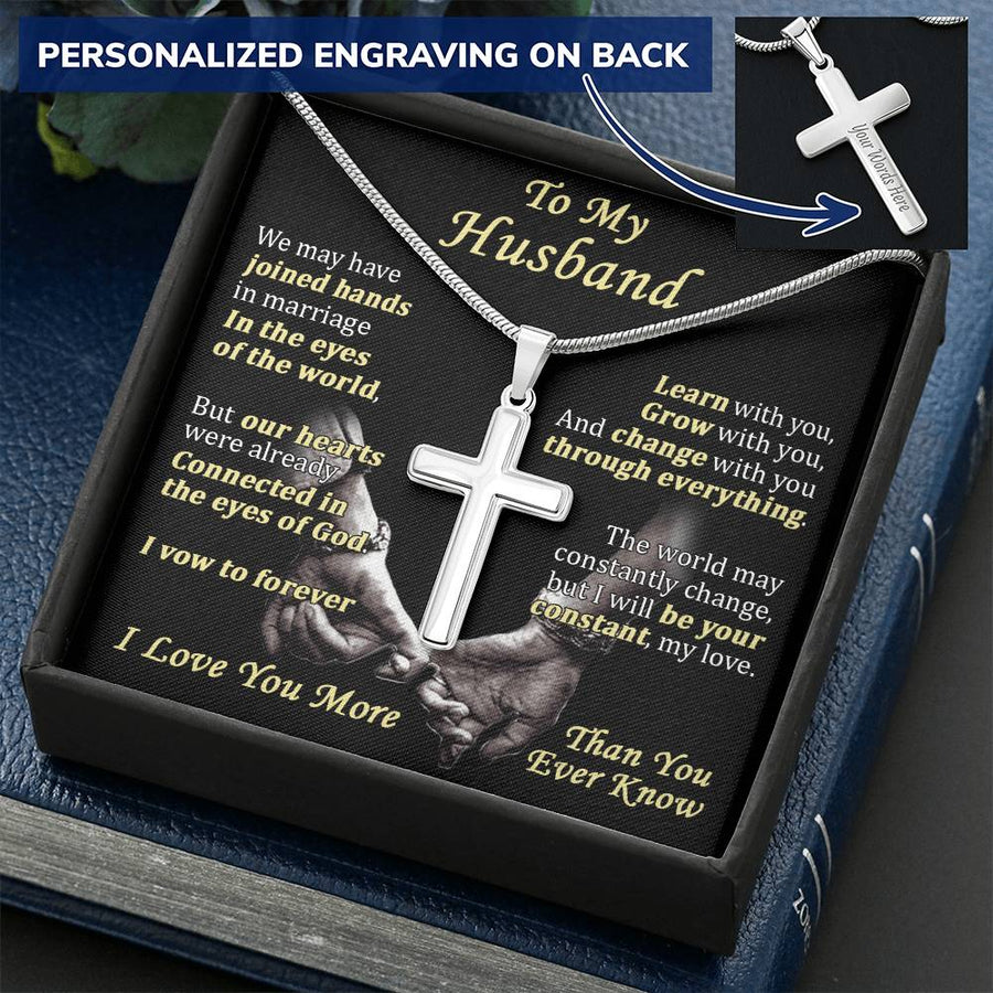 Personalized Connected in God's Eyes Stainless Steel Cross Necklace Engraved Perfect Anniversary Gift for Husband